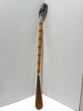 rare Vintage Italian 22" Long Shoehorn Carved Owl Handle Bamboo Made in Italy